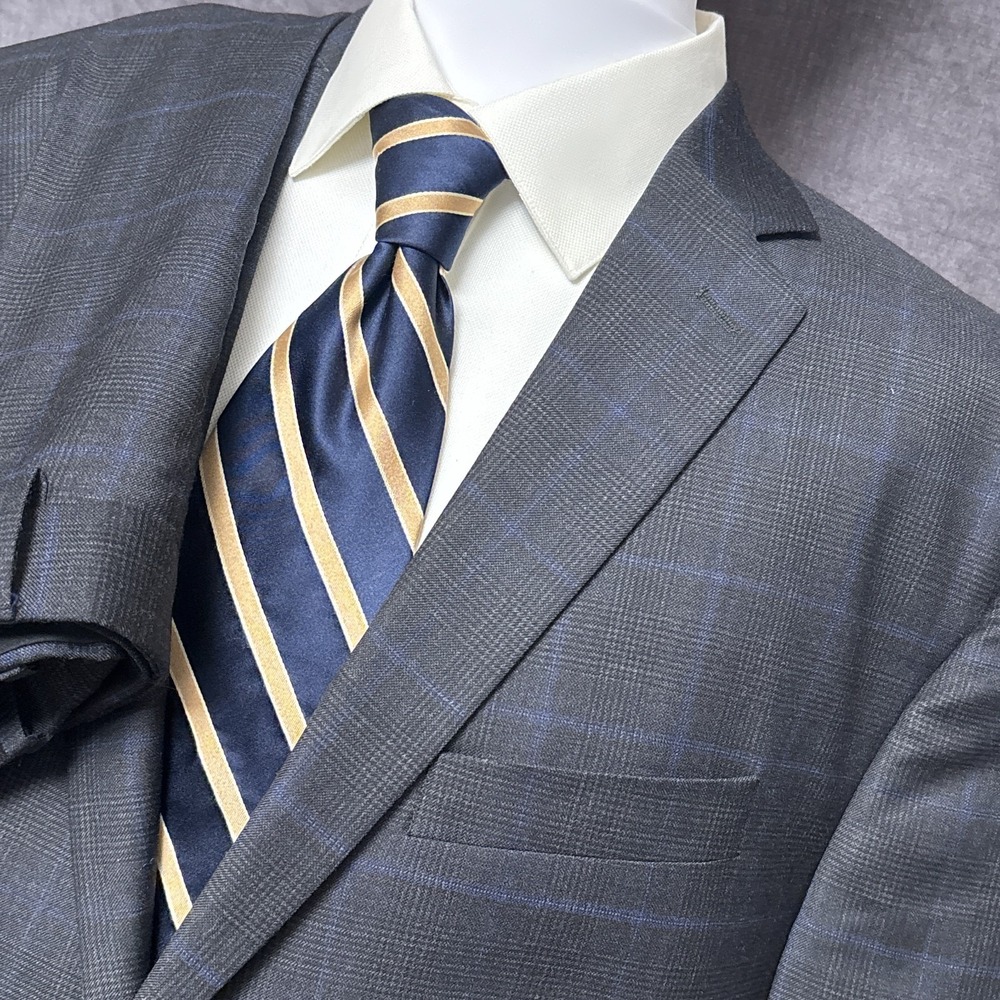 Ralph Ralph Lauren Suit 48R Jacket 41 Pants Gray Blue Plaid Pleated Canada 48L